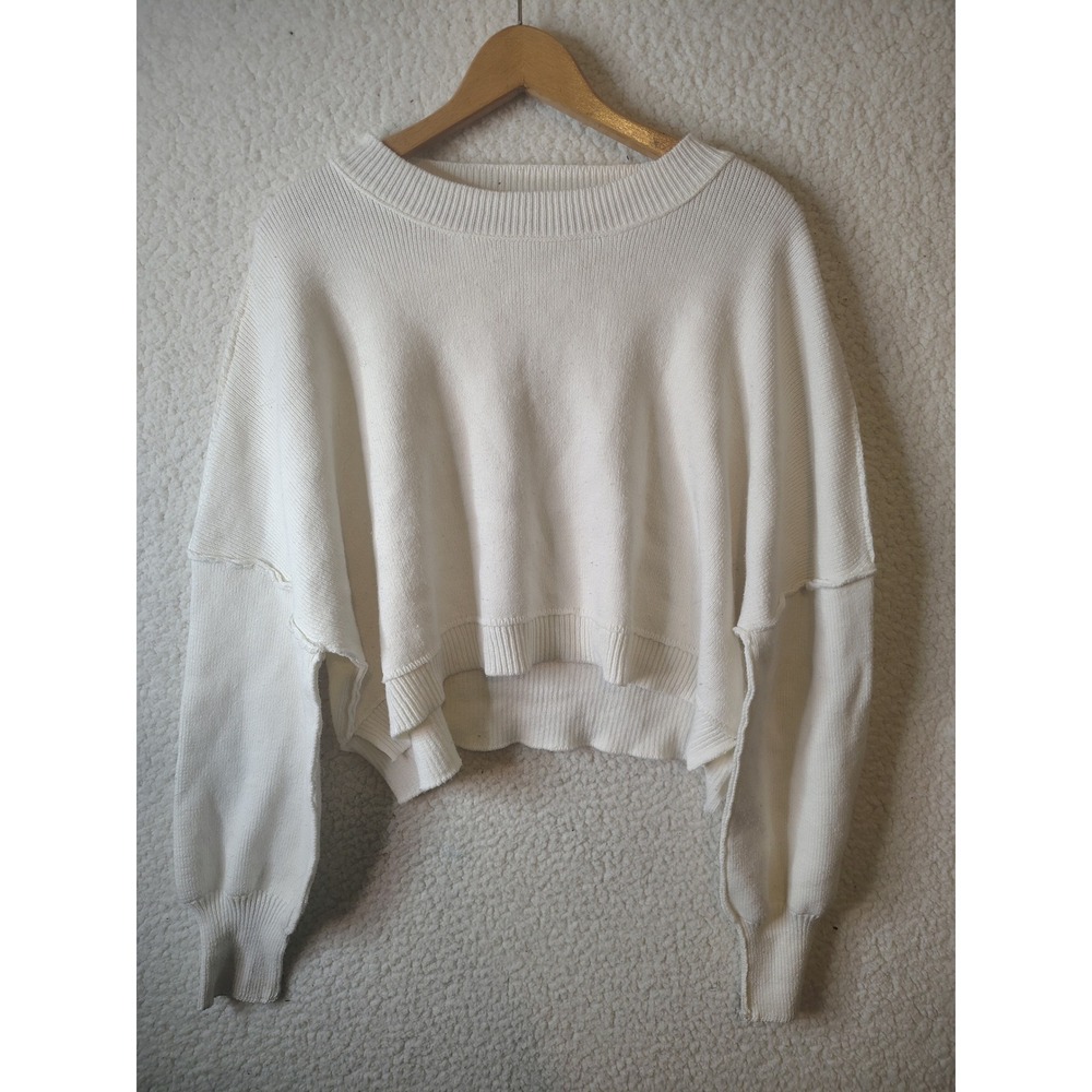 Cream White Cropped Boxy Knit Sweater Exposed Seam Dropped Shoulder Large
